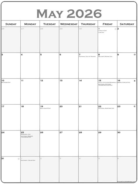 May 2026 Vertical Calendar | Portrait