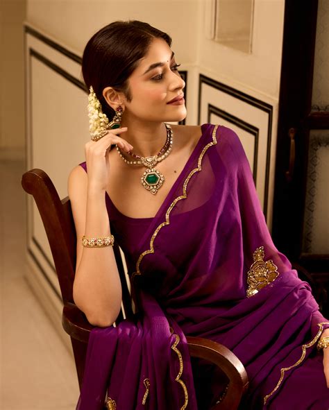 Shop Mudita Purple Handcrafted Chiffon Saree for Women Online in India ...