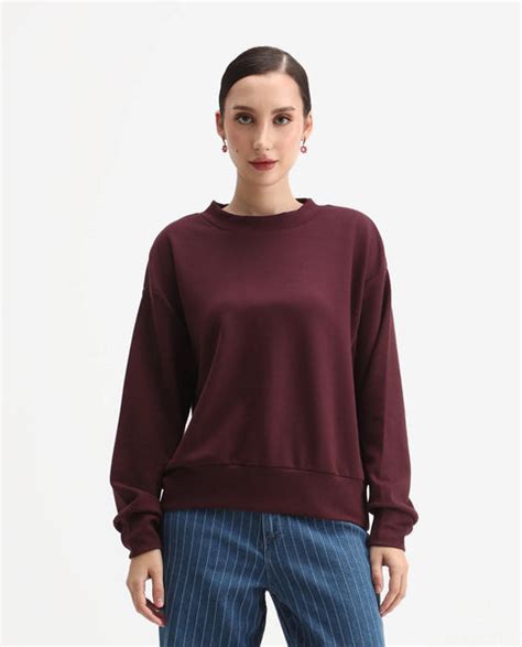 Rareism Women's Nebo Dark Maroon Modal Blend Fabric Crew Neck Relaxed