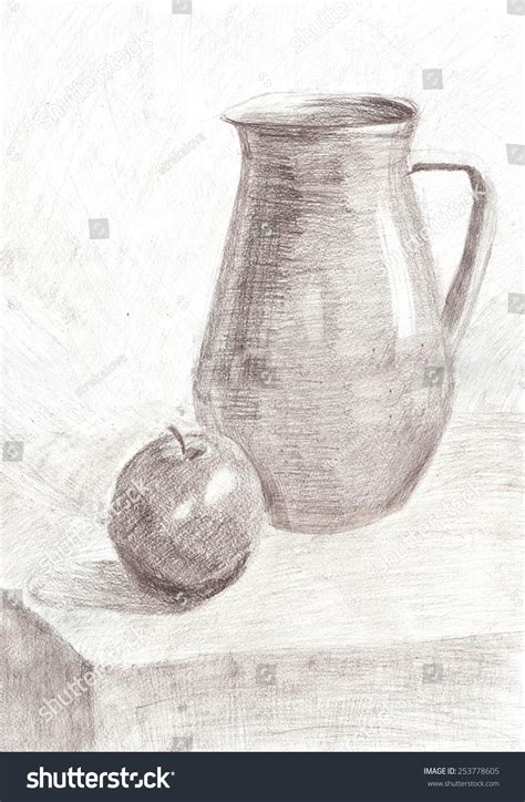 Pencil Drawing Still Life Jug Apple Stock Illustration 253778605 | Shutterstock