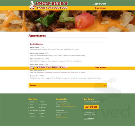 Uncle Bucks Pizzeria menu in Halifax, Nova Scotia, Canada