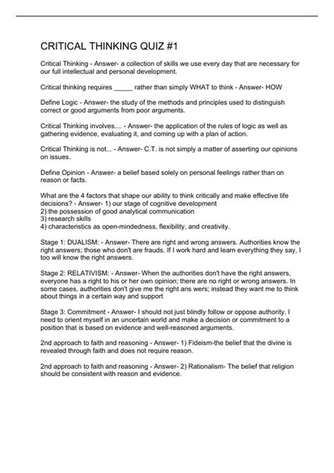 Critical Thinking Quiz #1 - Critical Thinking - Stuvia US