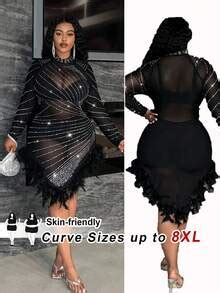 SHEIN CURVE+ Plus Size Women's Rhinestone & Feather Patchwork Sexy Slit ...