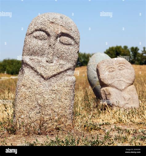 historic stone statue sculpture near Burana Tower in the Chuy Valley at northern of the country ...
