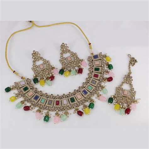 Pooja Bangles Gold Plated Crystal Stone & Beads Choker Necklace Set ...