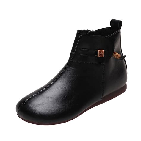 Jsaierl Womens Flat Ankle Bootie Leather Round Toe Strap Short Boots ...