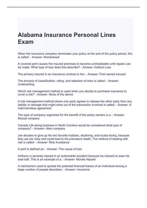 Alabama Insurance Personal Lines Exam Questions and Answers 2024 ...