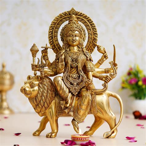 Golden Goddess Durga Maa On Lion Brass Handcrafted Statue - eCraftIndia ...