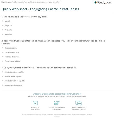 Quiz & Worksheet - Conjugating Caerse in Past Tenses | Study.com