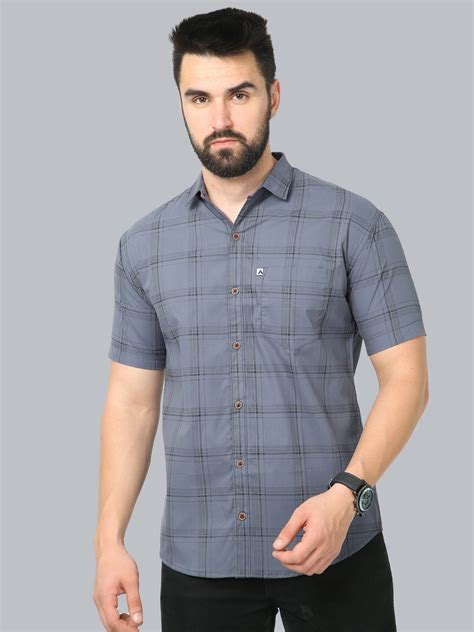 Shop 6line Grey Plaid Checkered Shirt for Men Online