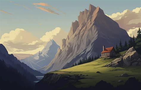 Wallpaper the sky, mountains, house, rocks, tops, house, imitation ...