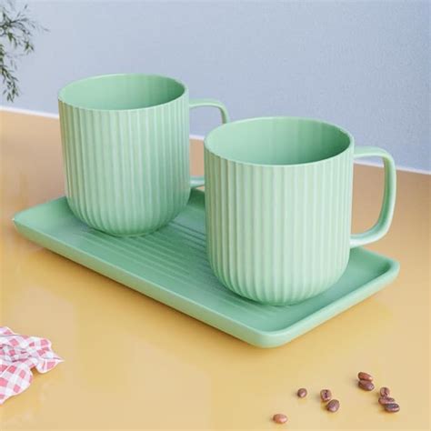The Earth Store Pastel Fringe Green Ceramic Coffee Mugs with Tray ...
