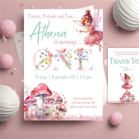 Editable Fairy First Birthday Invitation Template, Printable Girl Magical Floral Fairy One ...