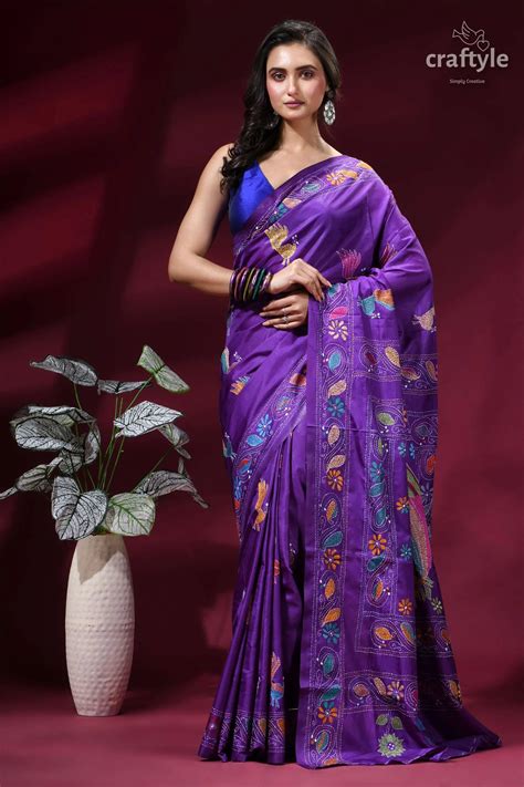 Royal Purple Peacock Motif Classic Silk Kantha Work Saree – Craftyle