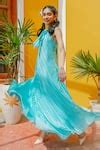 Buy Blue Chiffon Embroidery Halter Male Resortwear Gown For Women by ...