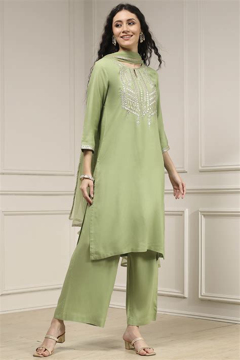 Buy Sage Green Solid Straight Suit Set Online at Biba India