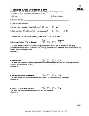 Fillable Online Teaching Artist Evaluation Form - Mississippi Arts ...