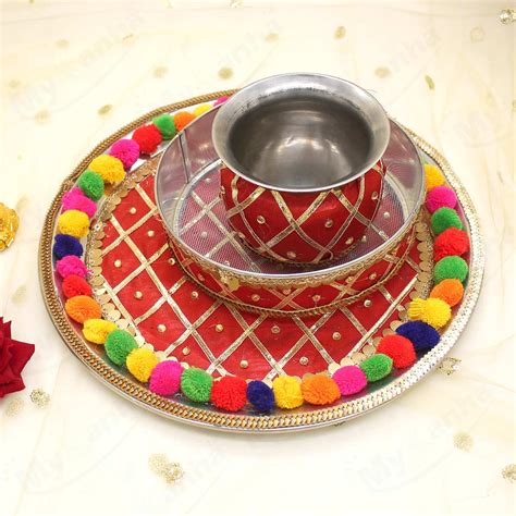 Buy Pom Pom decorated Red Karwachuth Thali online – MyKanha.com