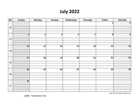 July 2022 Calendar Free Printable with grid lines designed (horizontal) | Free-calendar-template.com