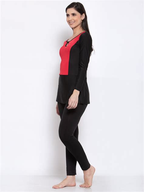 CUKOO Padded Black & Red Single piece long Swimwear – cukoo.in