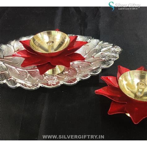 Imported Tray with Brass Lotus Diya Pair Mix Colors – Silver Giftry