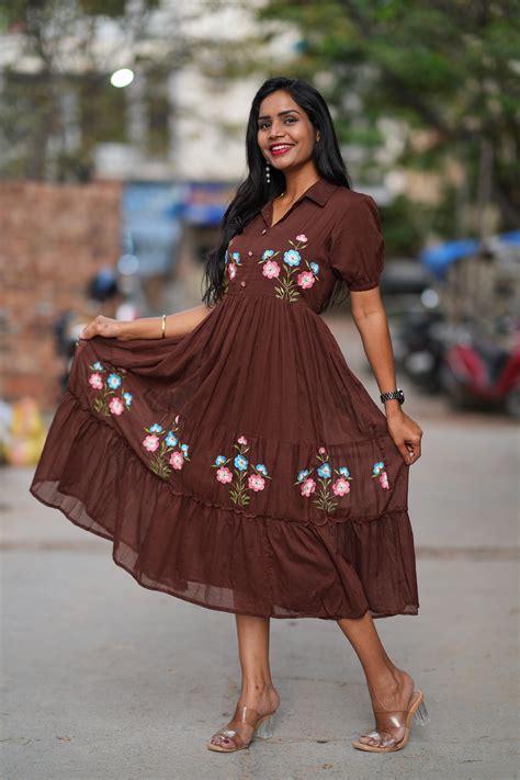 Brown Color Mul Cotton Frock With Embroidery Work and Complete Lining ...
