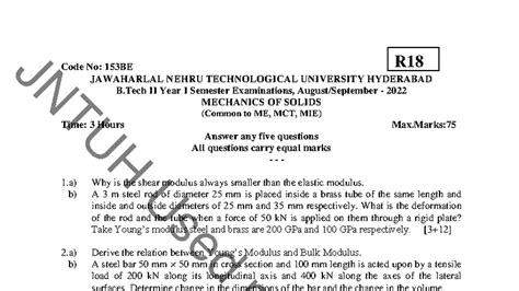 Mechanics of Solids Exam Notes - R18 H TU JN 153BE - Studocu