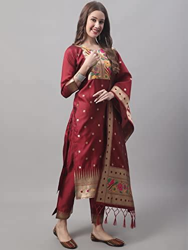 Buy VredeVogel Women's Cotton Silk Jacquard Straight Kurta with Pant ...