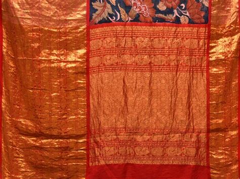 Dark Blue Kalamkari Hand Painted Kanchipuram Silk Handloom Saree with ...