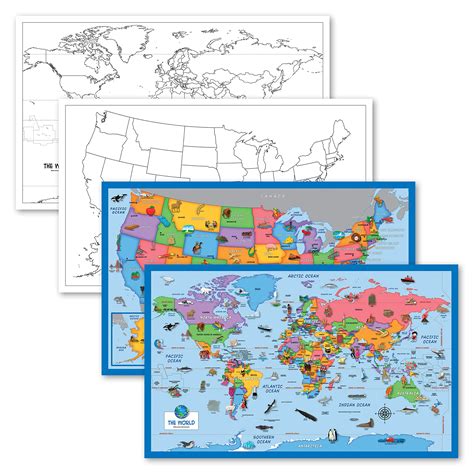 Buy 4 Pack - USA & World Blank Outline s + Illustrated USA & World s ...