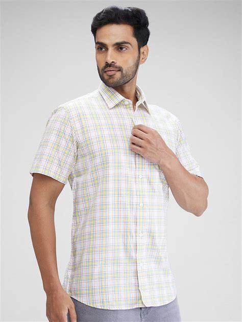 Colorplus Men Yellow Checkered Regular Fit Half Sleeve Spread Collar S ...