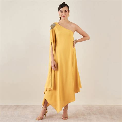 Mustard One-Shoulder Crystal Hand Embroidered Asymmetrical Dress ...