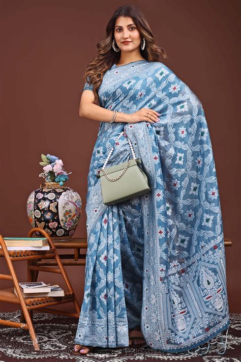 Traditional Bandhani Inspired Woven Sky Blue Saree in Breathable Linen