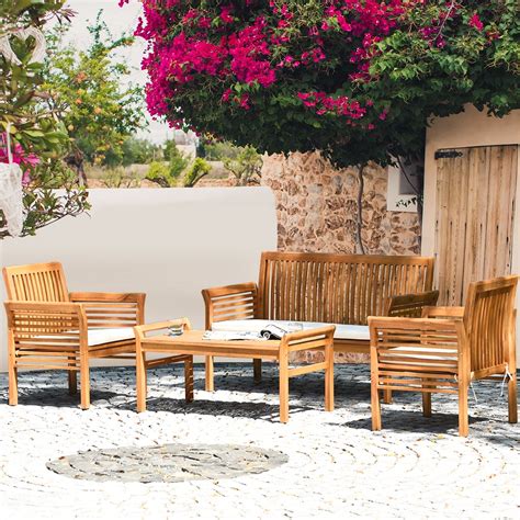 Costway 4 PCS Outdoor Acacia Wood Sofa Furniture Set Cushioned Chair ...