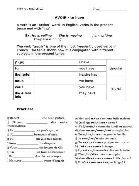 French Verb "Avoir" Conjugation Guide | PDF