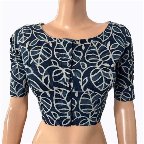Printed Cotton Boat neck Blouse, Indigo Blue, BP1208 – Scarlet Thread