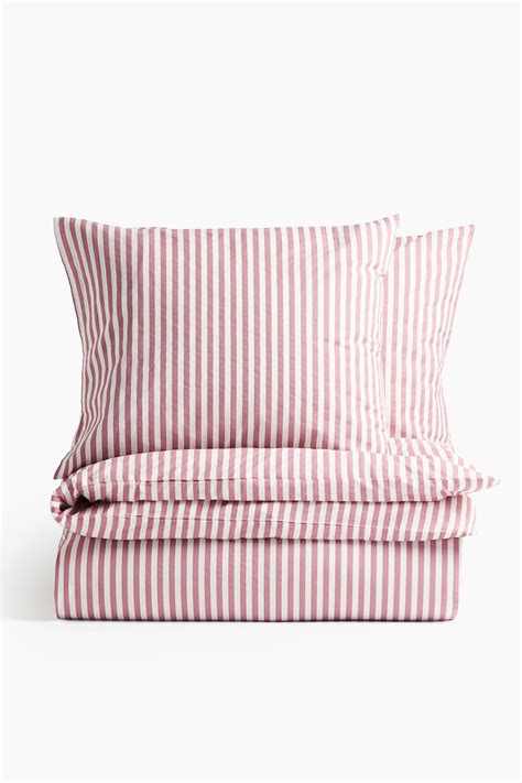 Cotton double/king duvet cover set - Dark dusty pink/Striped - Home All ...