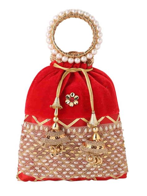Viraasi Traditional Pearl Studded Red Potli for Women