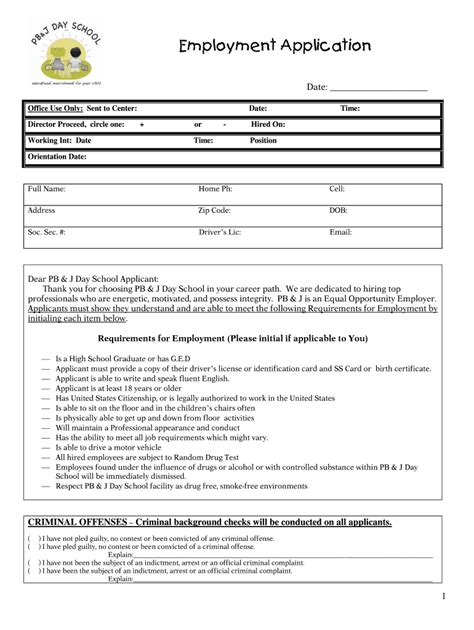 TN PBJ Day School Employment Application Form - Fill Online, Printable ...