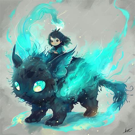 Anime style illustration of a girl riding a cat with glowing eyes ...