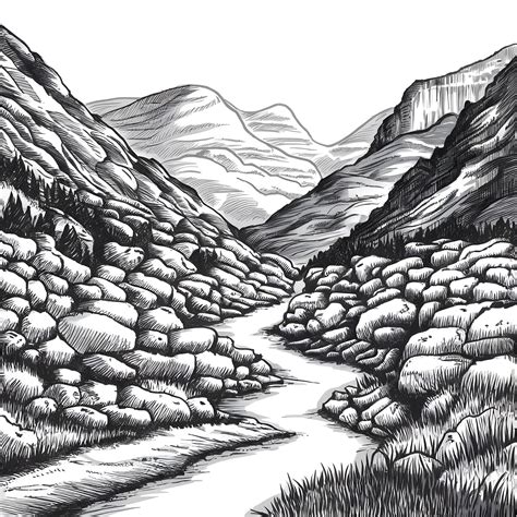 Premium Vector | Valley monochrome ink sketch vector drawing engraving ...