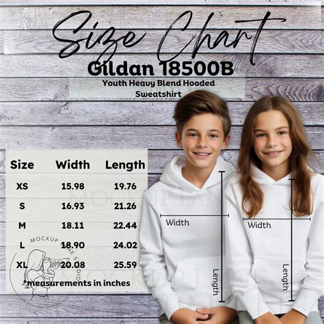 Gildan 18500B Size Chart Model Mockup, Gildan Youth Hoodie Size Guide ...