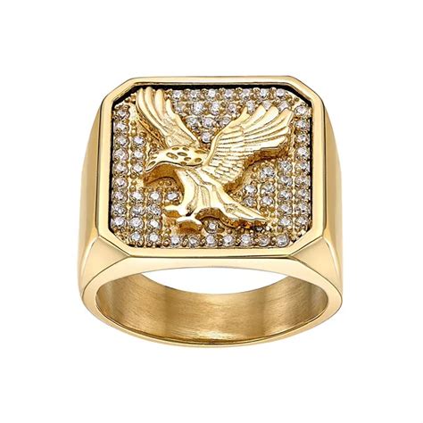 LYNX Men's Gold Tone Stainless Steel Cubic Zirconia Eagle Ring