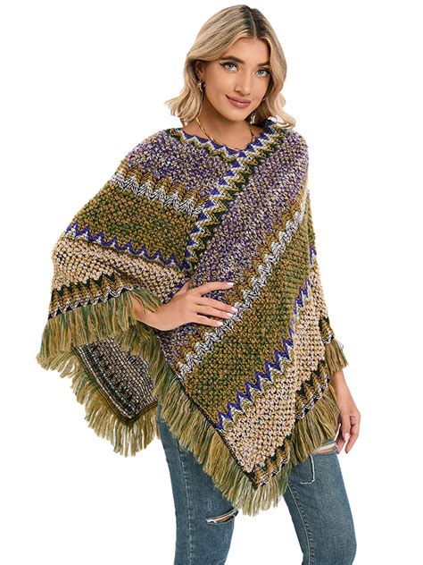 LELINTA Women's Tassel Ponchos Sweater Knitted Irregular Hem Poncho ...