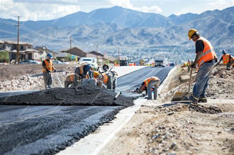 Premium Photo | Road Construction Crew Paving New Asphalt on Roadbed in ...