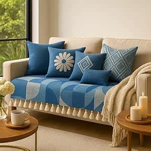 Blue Geometric L Shape Wooden ThrowPillow Sofa Cover With Tassels For ...