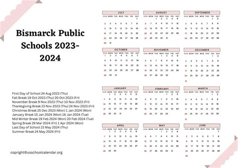 Bismarck Public Schools Academic Year Calendar - US School Calendar