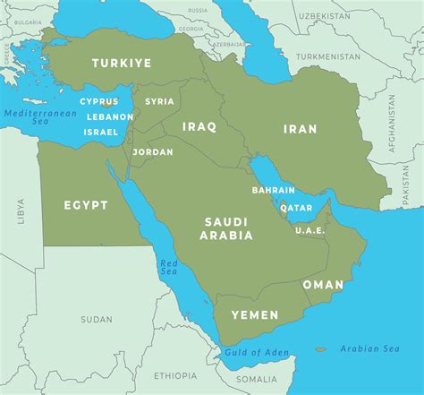 Middle East map showing country borders, names, and surrounding regions ...
