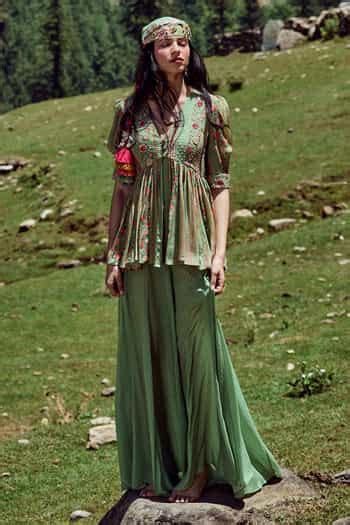 Buy Green Crepe Floral, Geometric Print, Sequin, Moti And Peplum Top ...