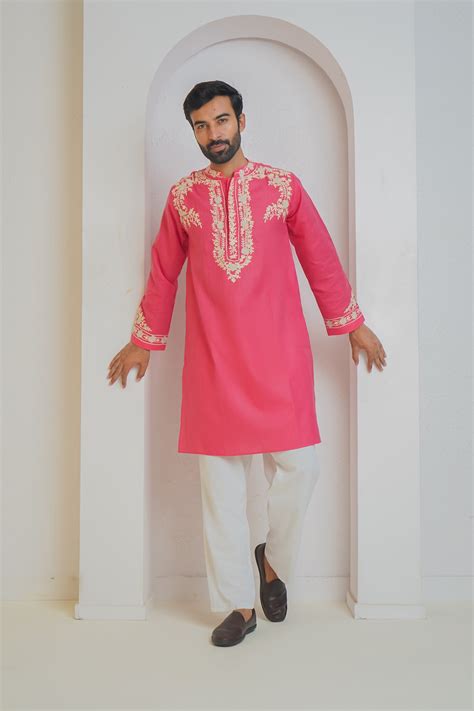 House Of Kari(Chikankari Clothing) - Cotton Arri Work Kurta for Men – Pink